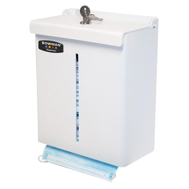FM404-0213 Bowman Manufacturing Company, Inc. Face Mask Dispenser - Locking: This dispenser holds two - three boxes of earloop masks in bulk, It features a locking lid with a pivot hinge, Designed as a top loading, bottom dispensing product, it reduc