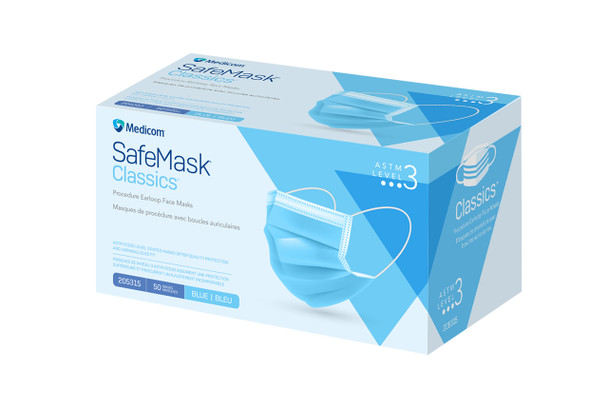 Medicom p/n 205315 Procedure Earloop Face Mask ASTM Level 3, Blue, 50/bx, 10 bx/cs (Not Available for sale into Canada)