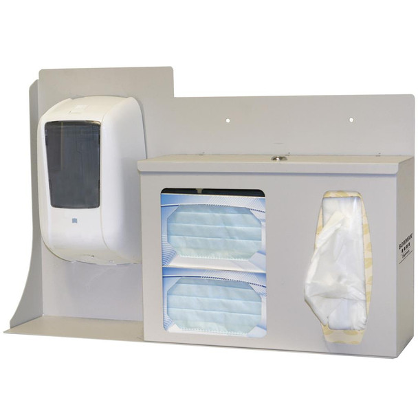 RS005-0412 Bowman Manufacturing Company, Inc. Respiratory Hygiene Station, Locking: Dispensing unit mounting area, (Holds two boxes of masks, and one, two boxes of facial tissues) Hinged locking lid, Keyholes for wall mounting (Or can be mounted to B