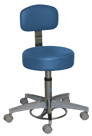 T-527-GS-CLB Pedigo STOOL, GAS CYLINDER, FOOT-OPERATED 5-CASTER ALUMINUM BASE, W/BACK, TB-133 APPROVED, PVC-FREE, COLUMBIA BLUE