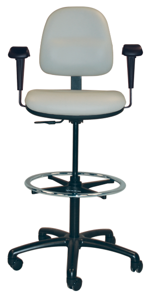 T-583-RVN Pedigo ERGO ANESTHESIA CHAIR, RAVEN BLACK. MEETS CALIFORNIA TB-117 AND TB-133. PVC-FREE UPHOLSTERY. TALL HEIGHT, ADJUSTABLE FROM 24.5" TO 34.5"H; ADJUSTABLE HEIGHT FOOT RING; ADJUSTABLE ARM RESTS. 25" DIAMETER 5-CASTER BASE