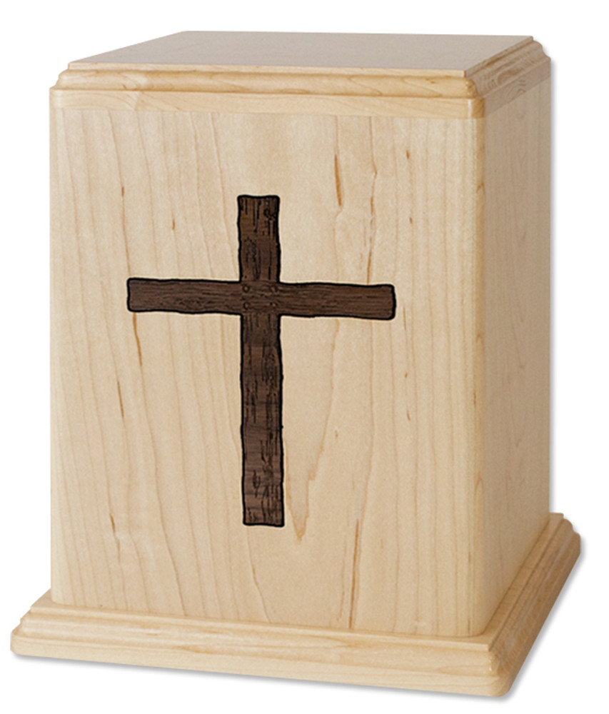 Maple Wood Cremation Urn with Walnut Cross Inlay