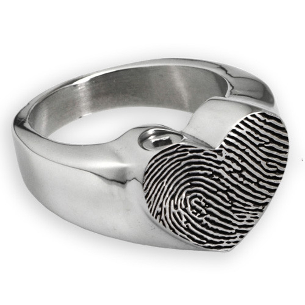 Bold Heart Personalized Print Memorial Ring with fingerprint - with chamber