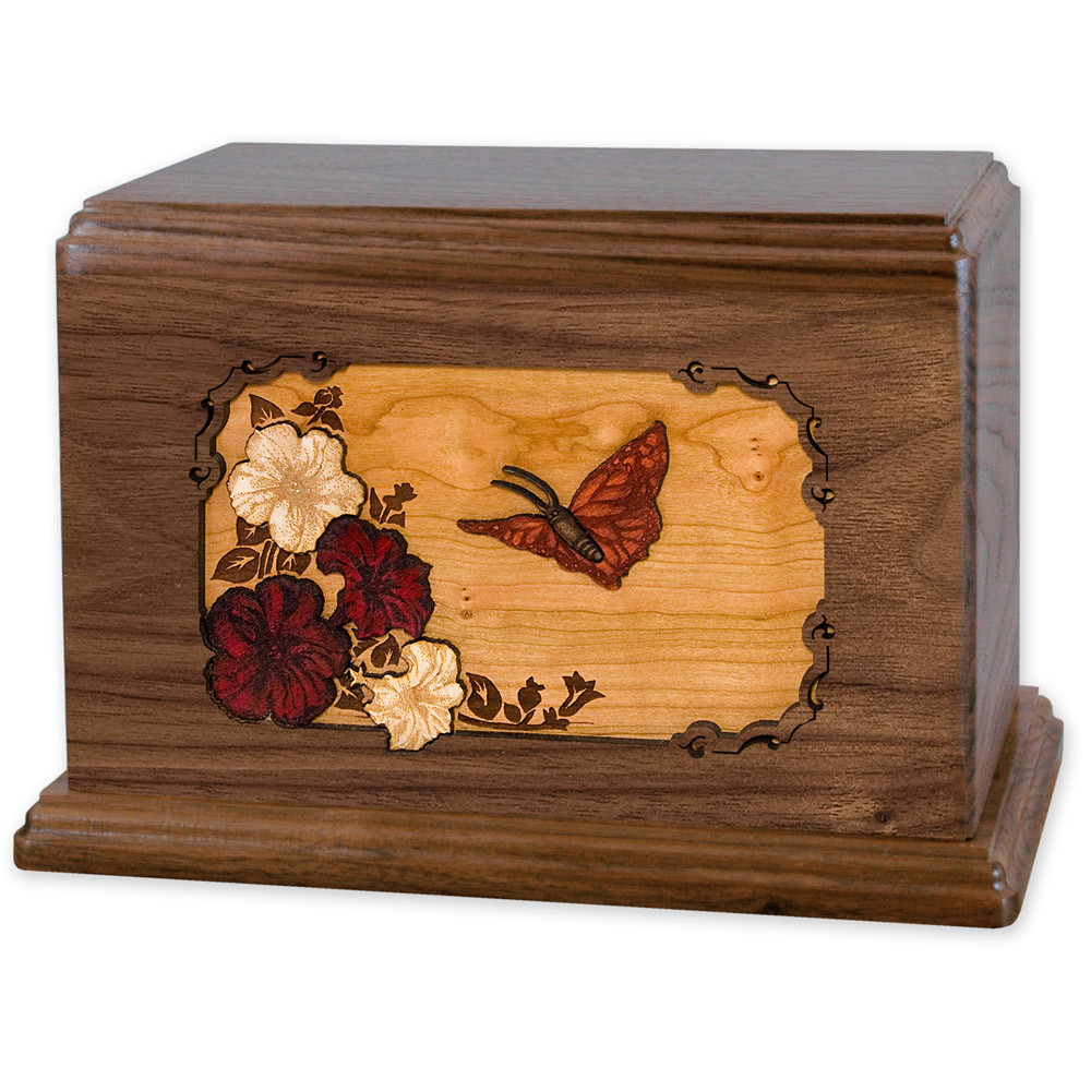 Butterfly & Flowers Wooden Companion Urn - Walnut Wood