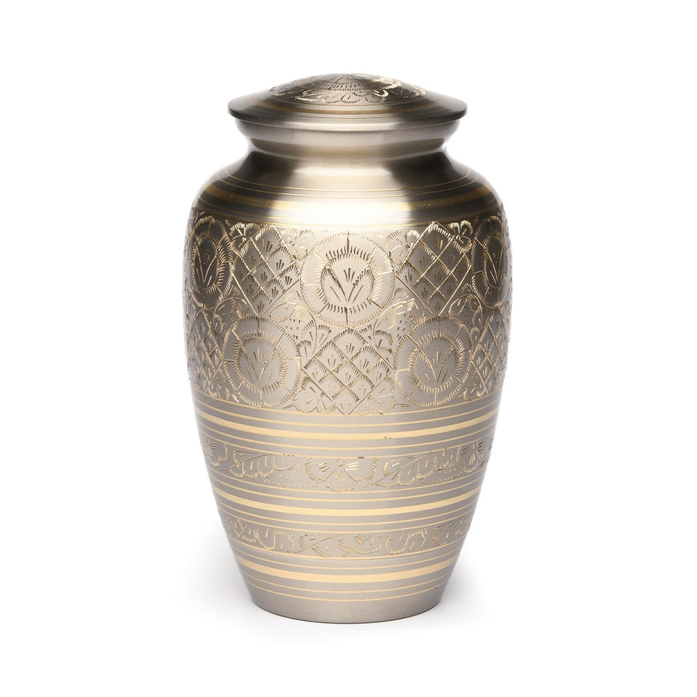 Sylvan Brass Cremation Urn with Platinum & Gold Hand Carved Art Design