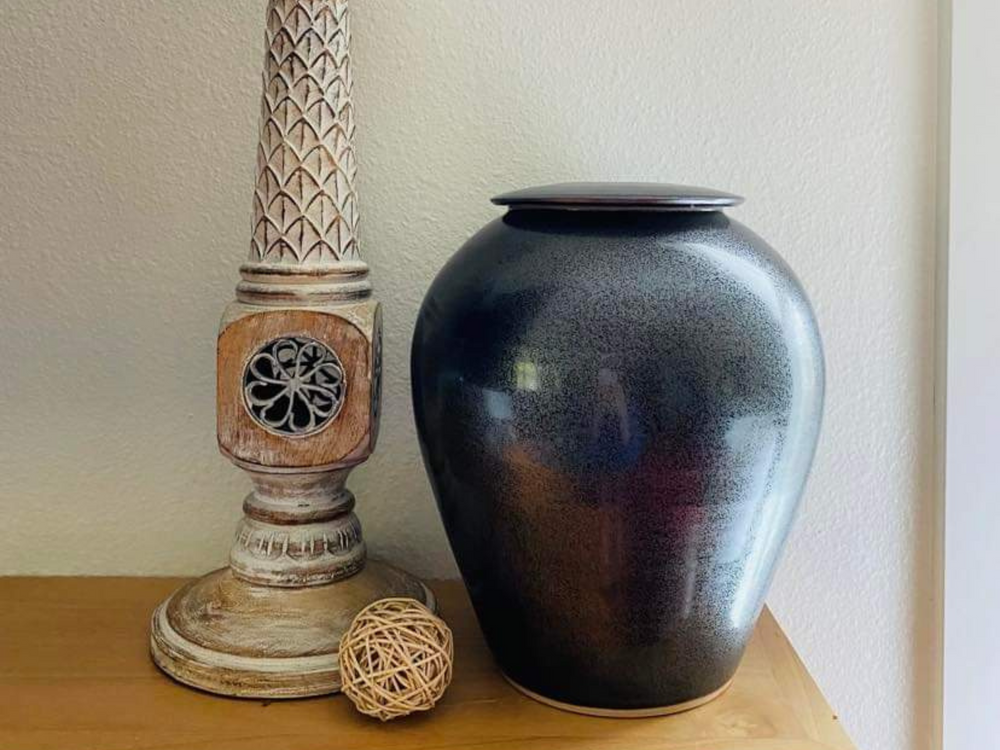 Round Ceramic Cremation Urn in Black (Made in Oregon)
