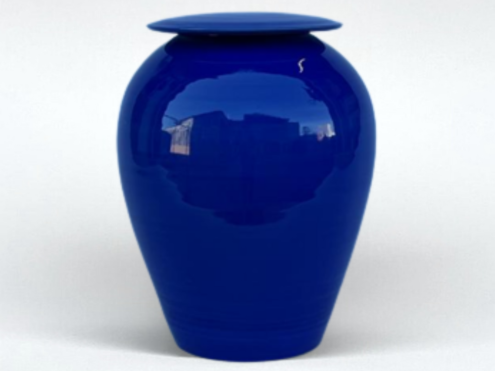 Round Ceramic Cremation Urn in Blue (Made in Oregon)