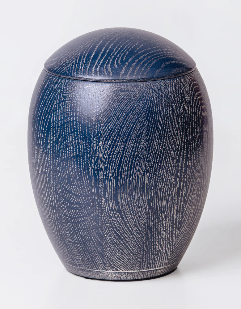 Spherical Oak Urn with Blue Enamel and Silver Patina