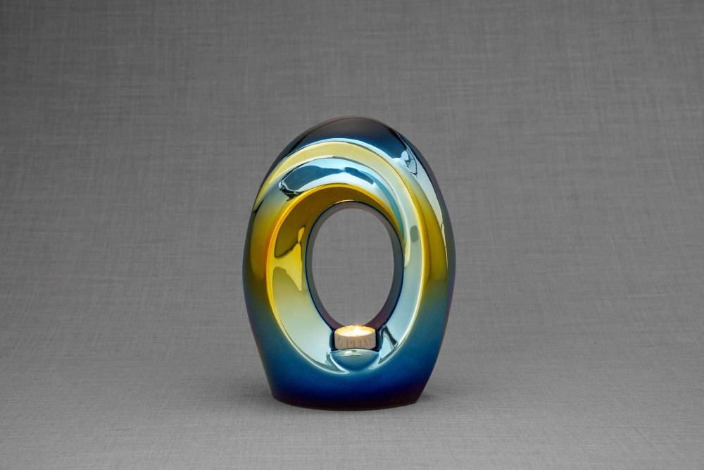 Ceramic Cremation Urn in Chrome Yellow Polyhued with Blue Finish - Back side