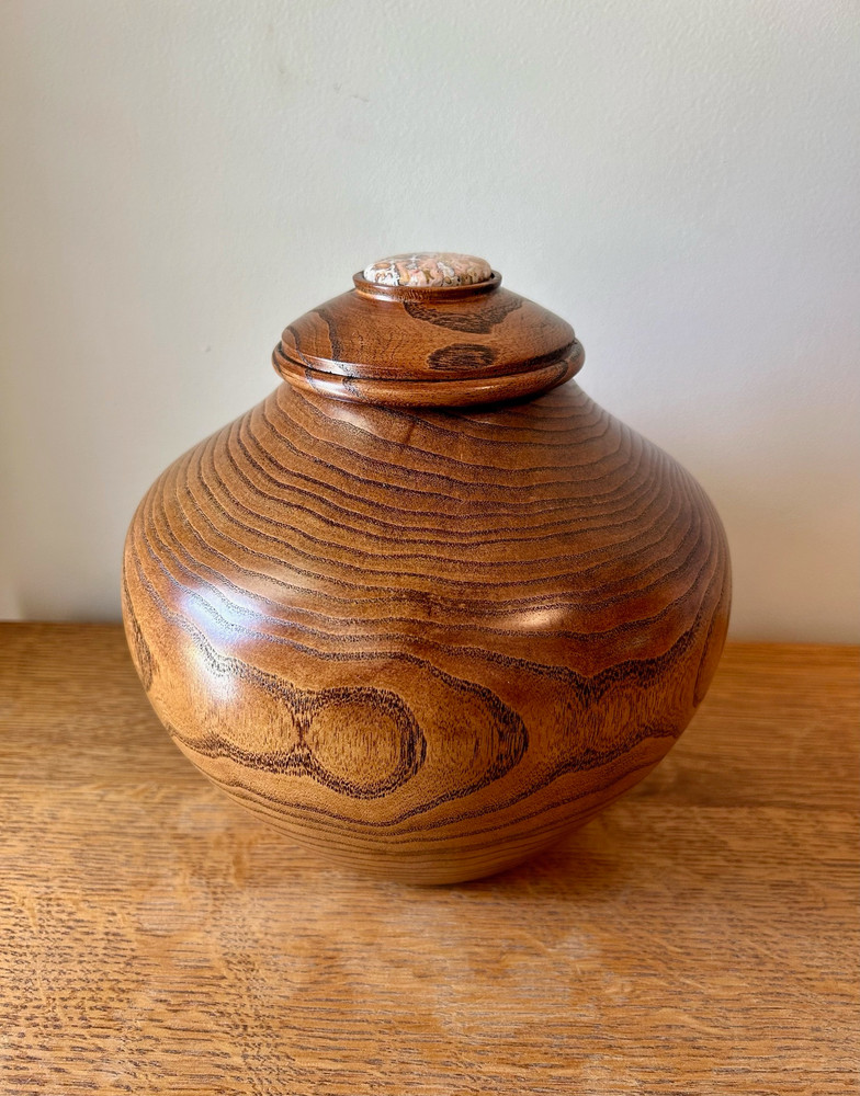 Small Mulberry Wood Turned Urn with Picasso Jasper Stone - side view