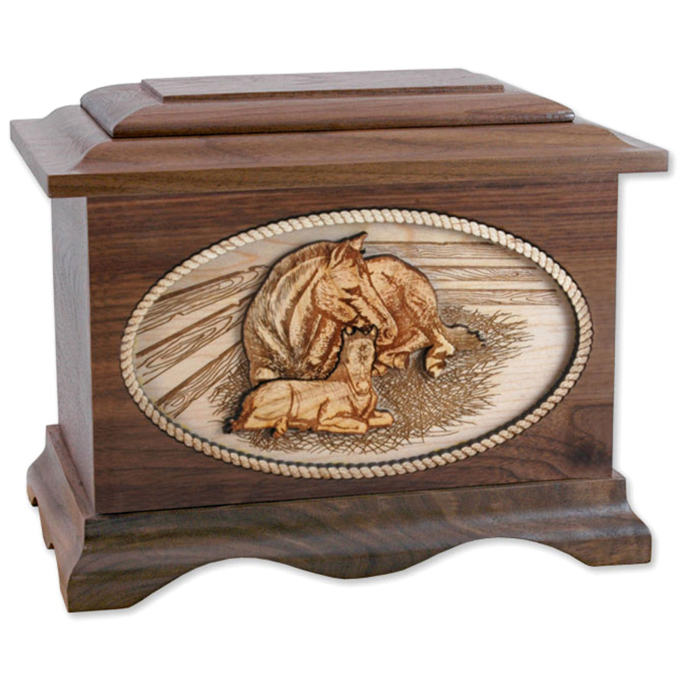 Horses Wood Cremation Urn in Walnut