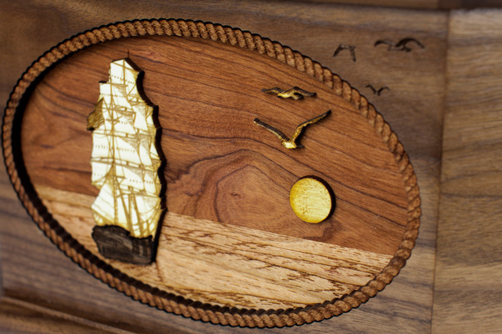 Sailing Ship Octagon Urn with 3D Inlay Wood Art