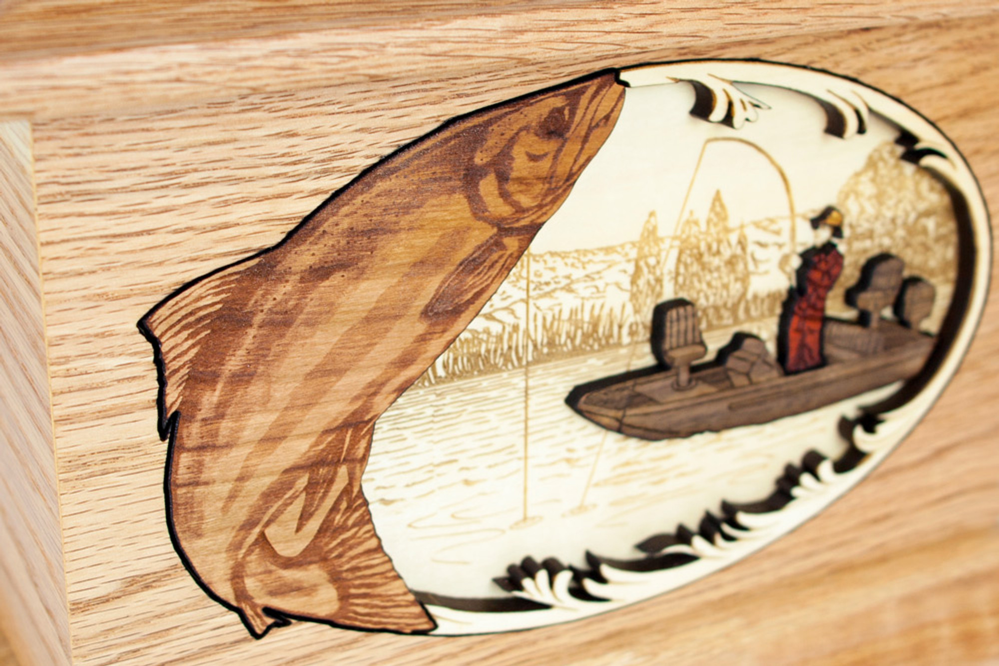 Salmon Boat Fishing Cremation Urn with Inlay Wood Art
