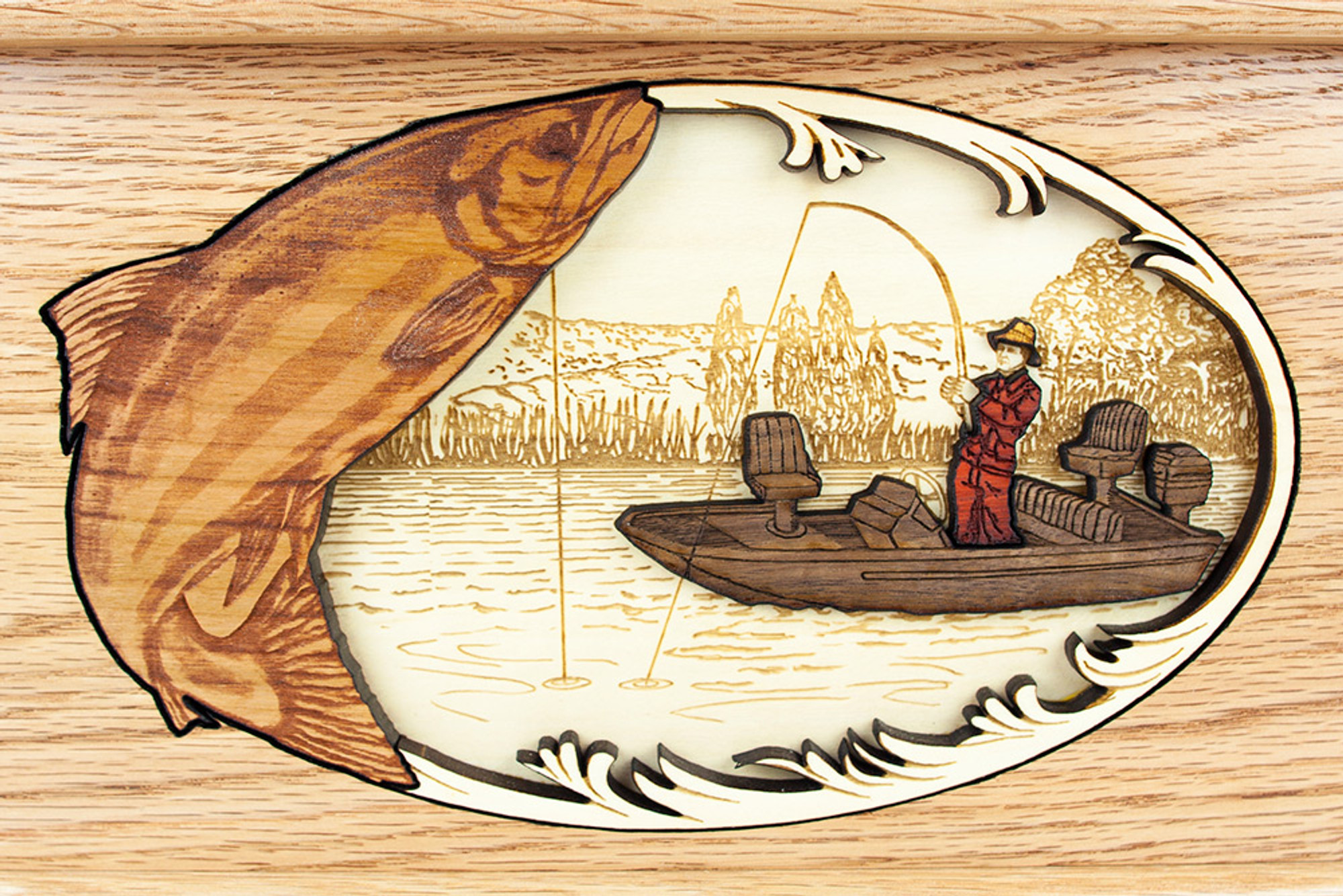 Salmon Boat Fishing Cremation Urn with Inlay Wood Art - Urns Northwest