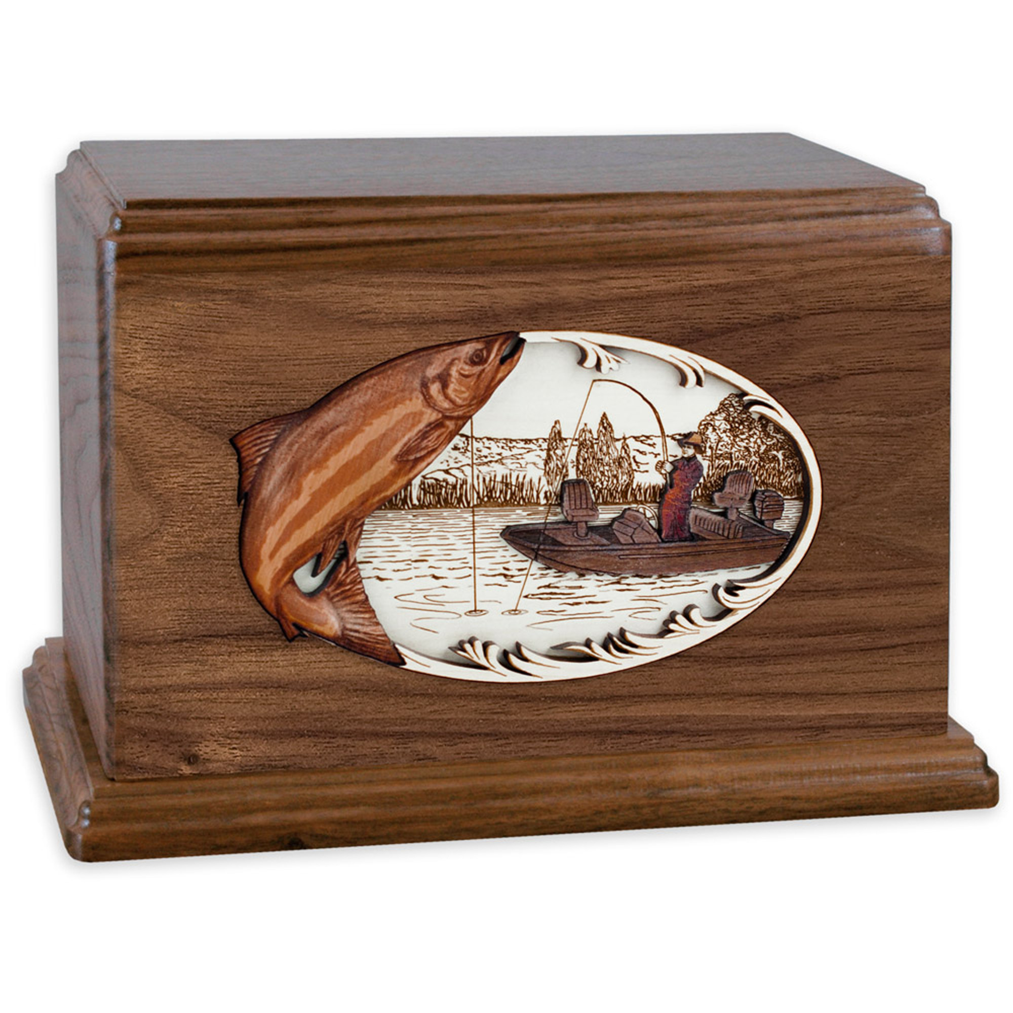 Companion Cremation Urn with Salmon Boat Fishing 3D Wood Inlay