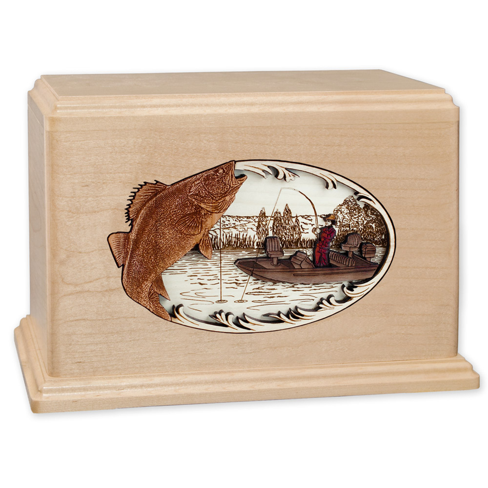 Companion Cremation Urn with Walleye Boat Fishing 3D Wood Inlay