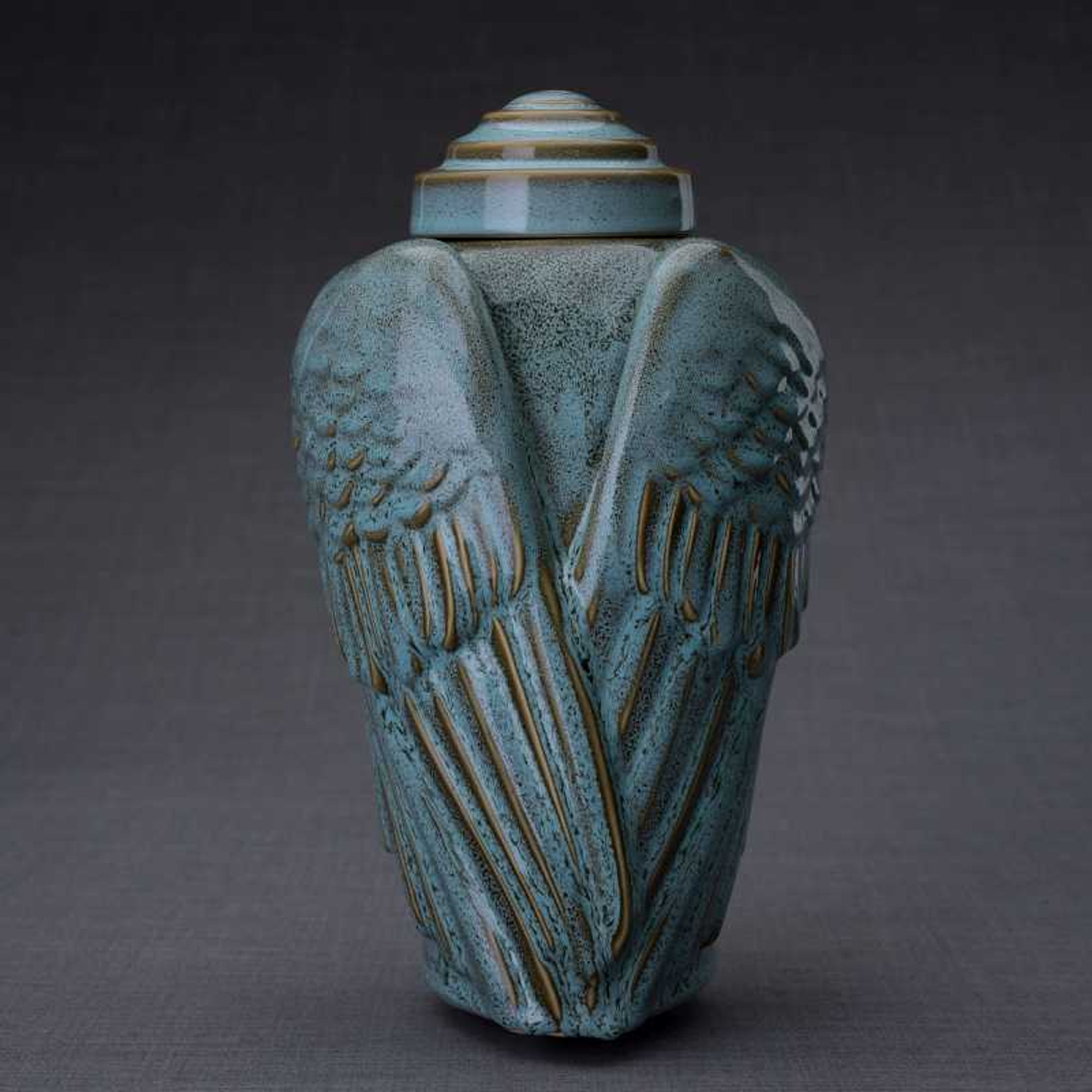 Angel Wings Sculpture Ceramic Cremation Urn in Oiled Green Melange - Urns  Northwest