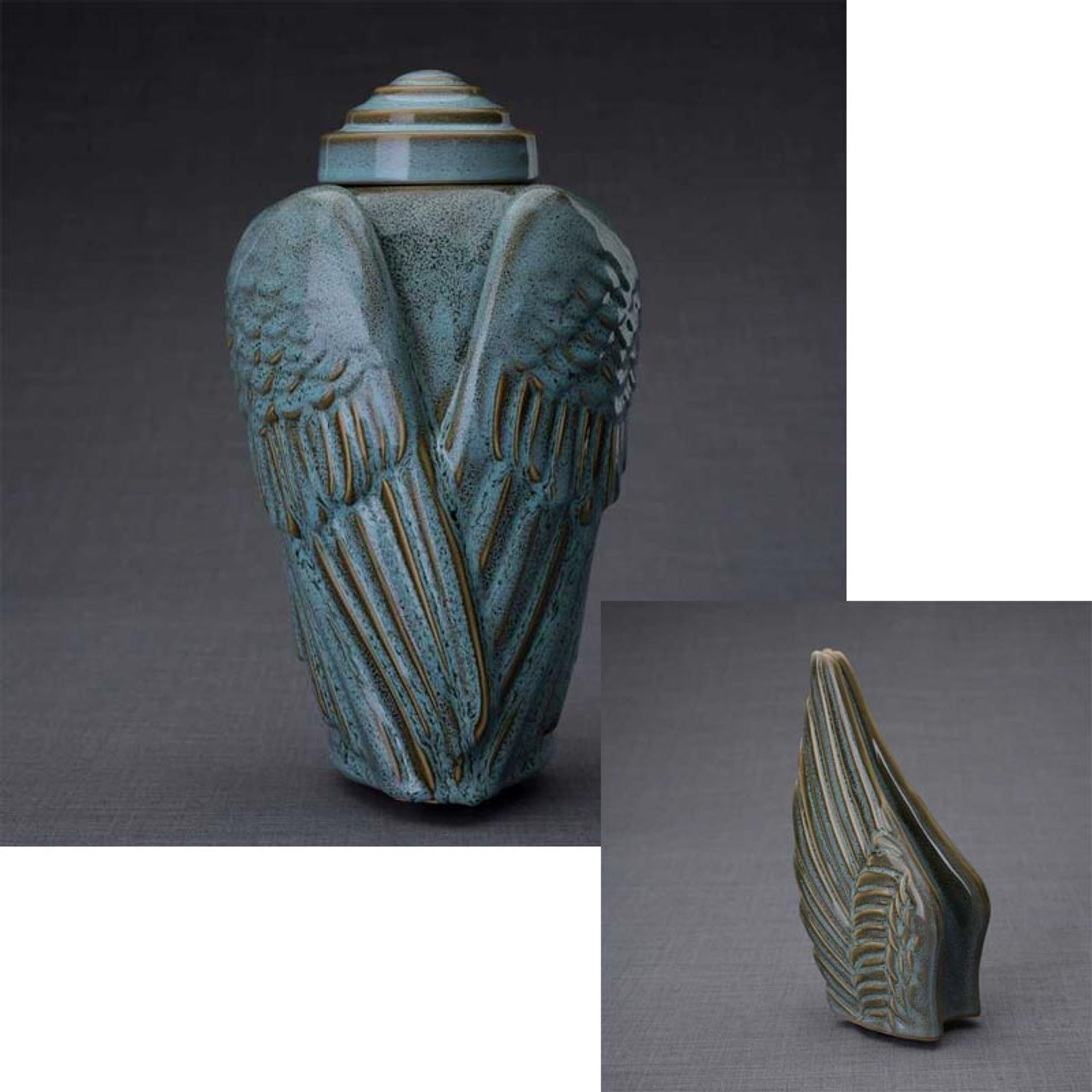 Angel Wings Sculpture Ceramic Cremation Urn in Oiled Green Melange - Urns  Northwest