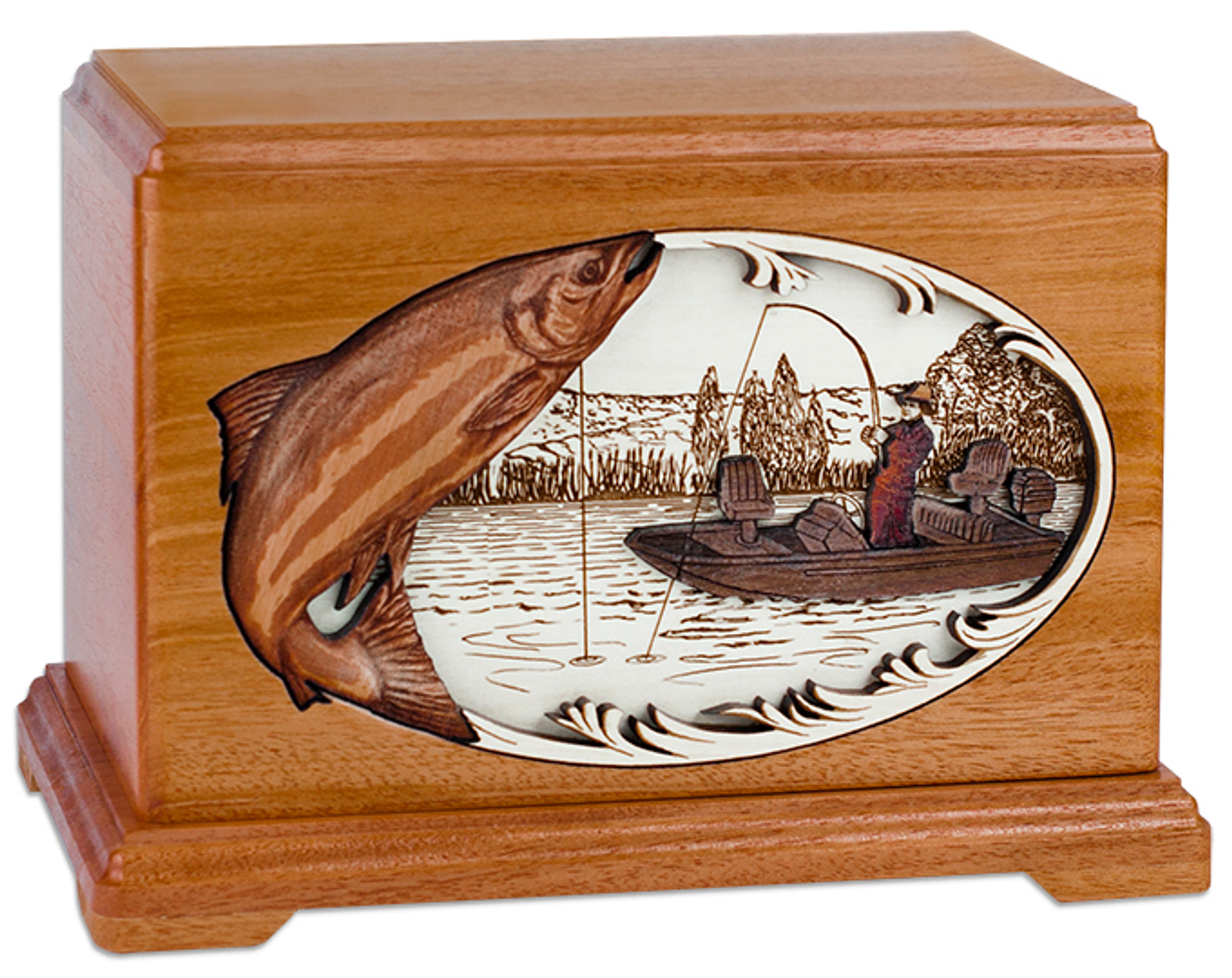 Boat Fishing Cremation Urn with Dimensional Wood Art