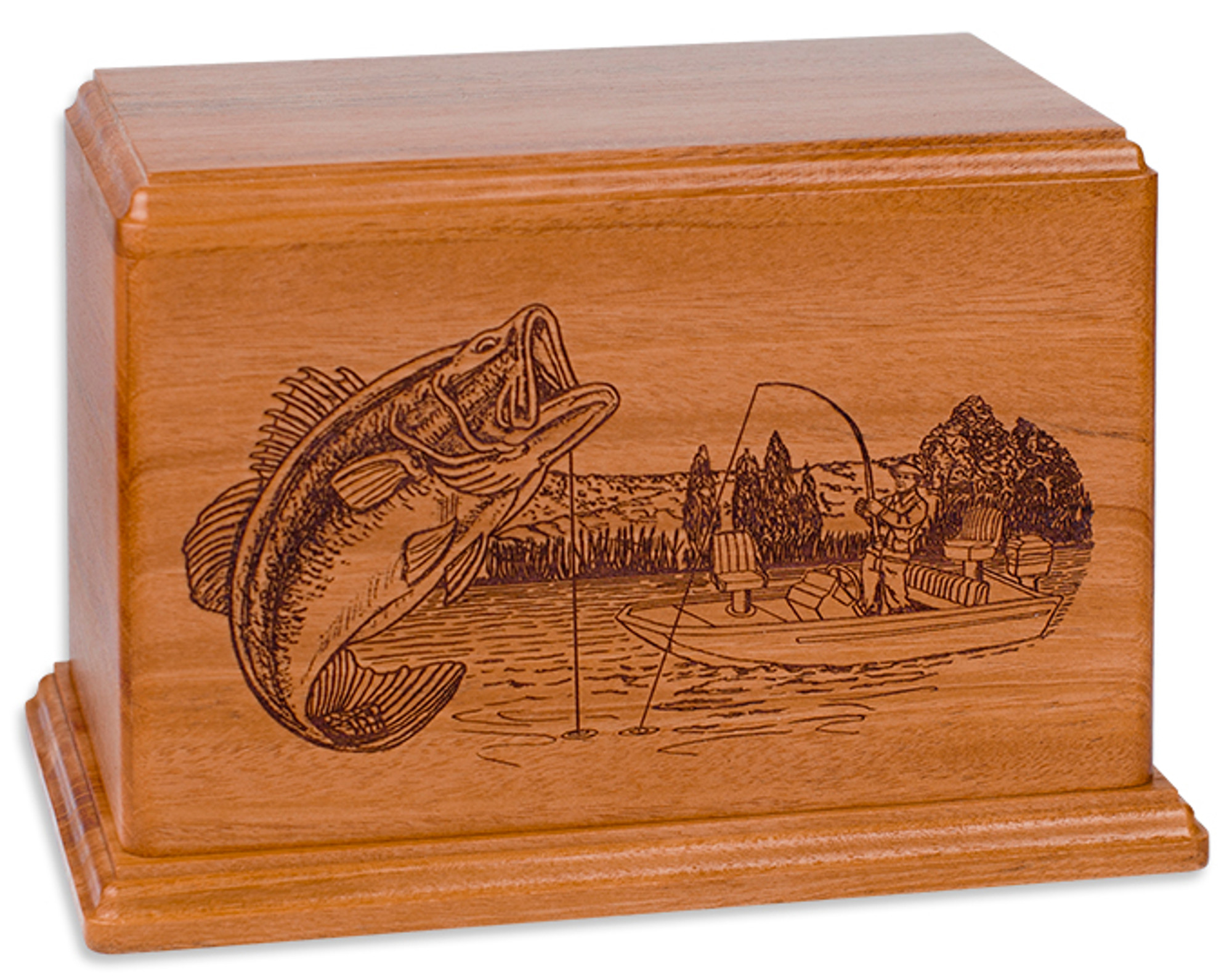 Laser Carved Wood Cremation Urn - Boat Fishing (Made in USA)