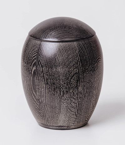 Spherical Oak Urn with Black Enamel and Silver Patina