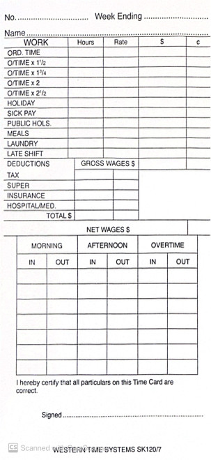 Weekly Time Card – Expanded Overtime Rates (SK120/7) | Box of 1000