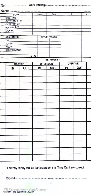 Fortnightly Time Card – Standard Overtime (SK120/14) | Box of 1000