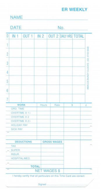 TIMECLOCK PUNCH CARDS - MONTHLY TIME CARD (100)