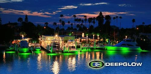 Marina scene featuring Deep Glow underwater dock lighting.