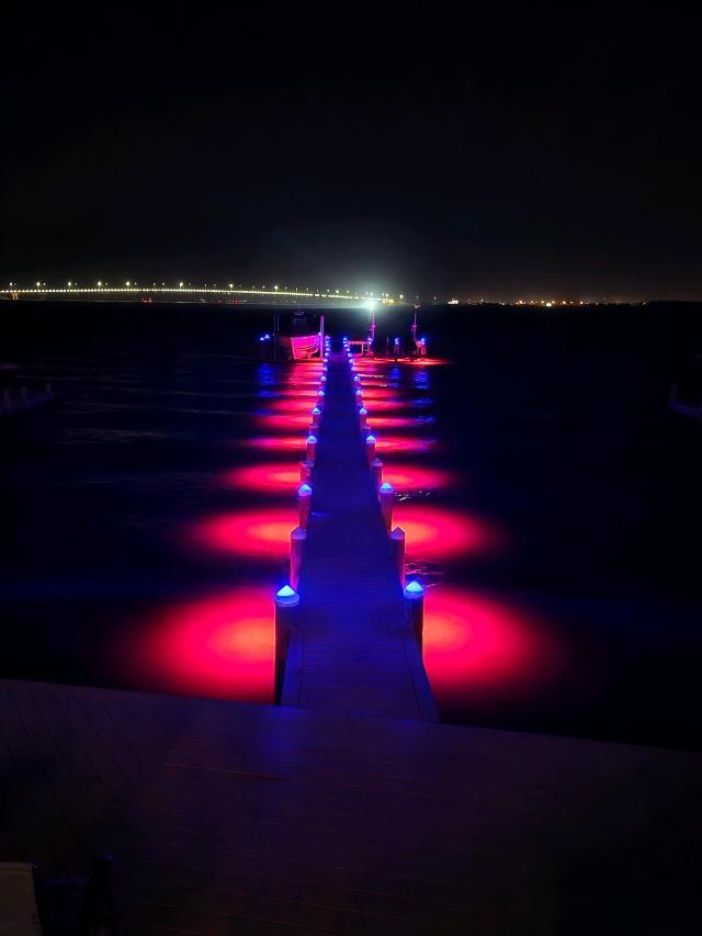 Residential Dock in New Jersey with Kraken Underwater Lights and Solar Dok Lites on the pilings
