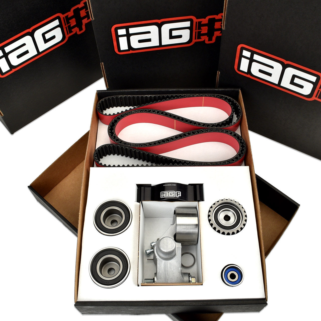 IAG Timing Belt Kit with IAG Red Racing Belt, Timing Guide, Idlers & Tensioner - Packaging