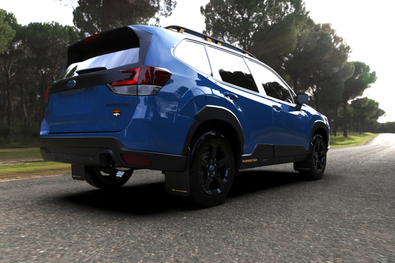 Rally Armor 22-24 Subaru Forester (Incl. Wilderness) Black UR Mud Flap w/White Logo - MF82-UR-BLK/WH - Installed 6