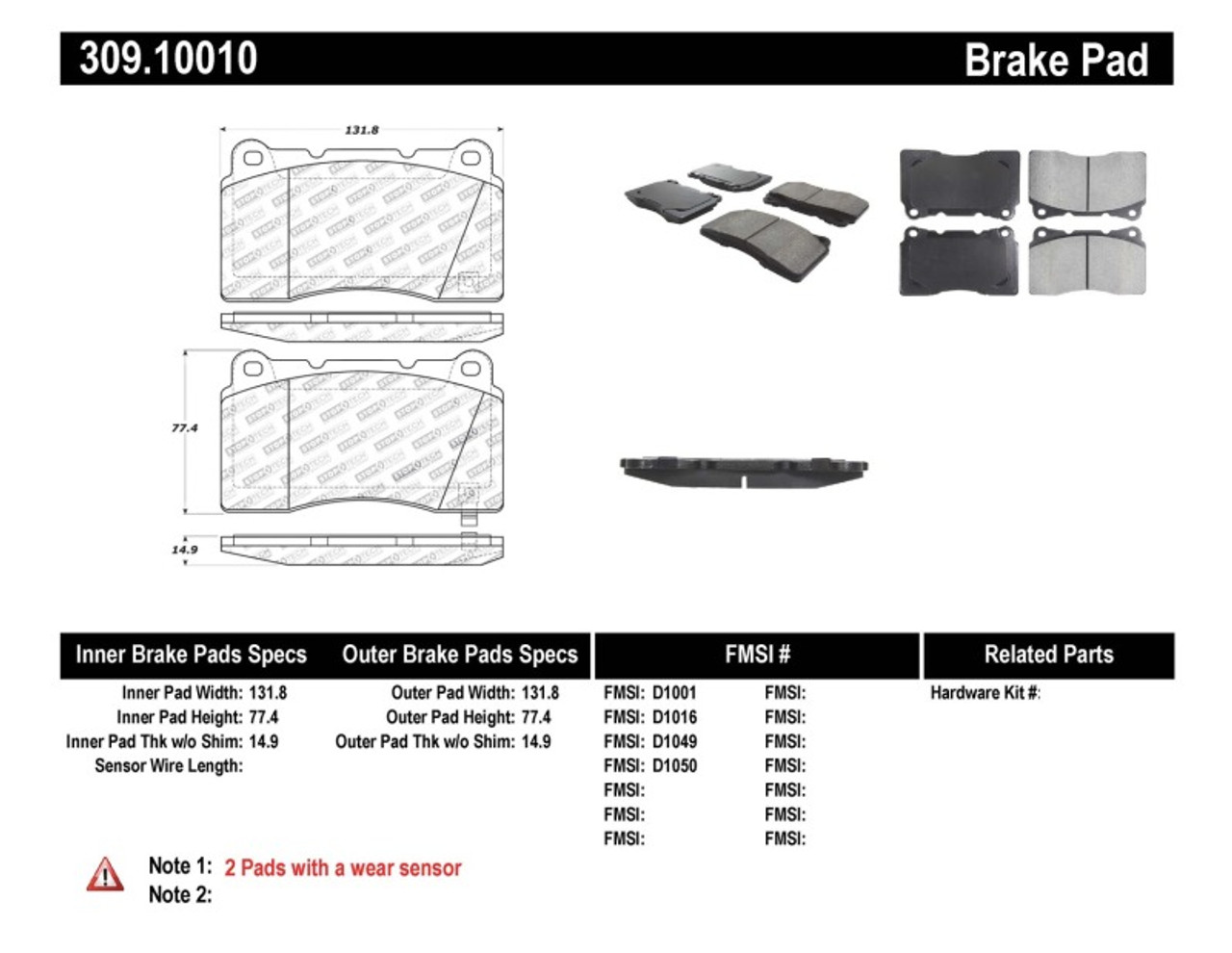 StopTech Performance 04-07 STi Front Brake Pads - 309.10010 - Drawing 2