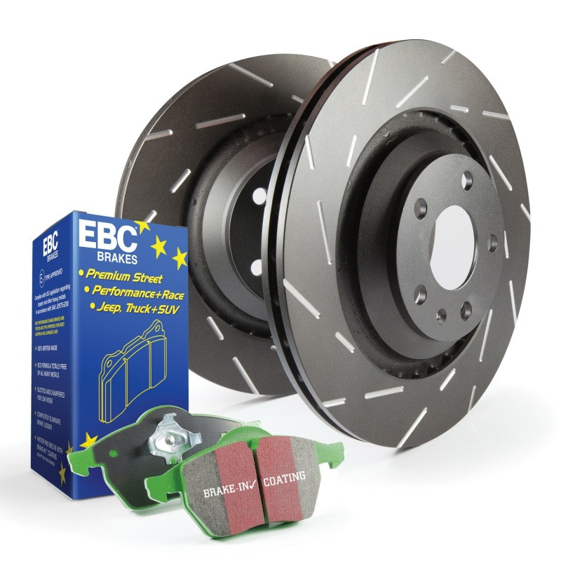 EBC S2 Greenstuff Front Brake Pads and USR Slotted Front Rotors For 2004-08 Subaru Forester XT - S2KF1198