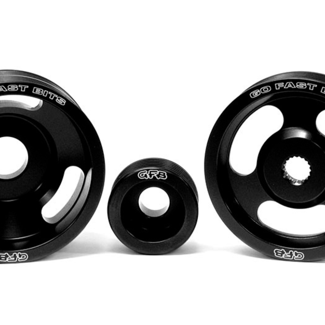 GFB 04-10 WRX/STI 3 Piece Under-Drive Pulley Kit w/ Belts (Crank Alternator & Power Steering) - 2010 - Close-up