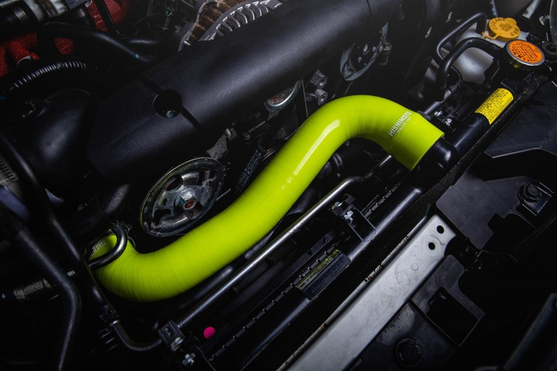 Mishimoto Silicone Radiator Hose Kit For 2008-14 Subaru WRX, 08-21 WRX STI - Neon Yellow - MMHOSE-STI-08NY - Installed
