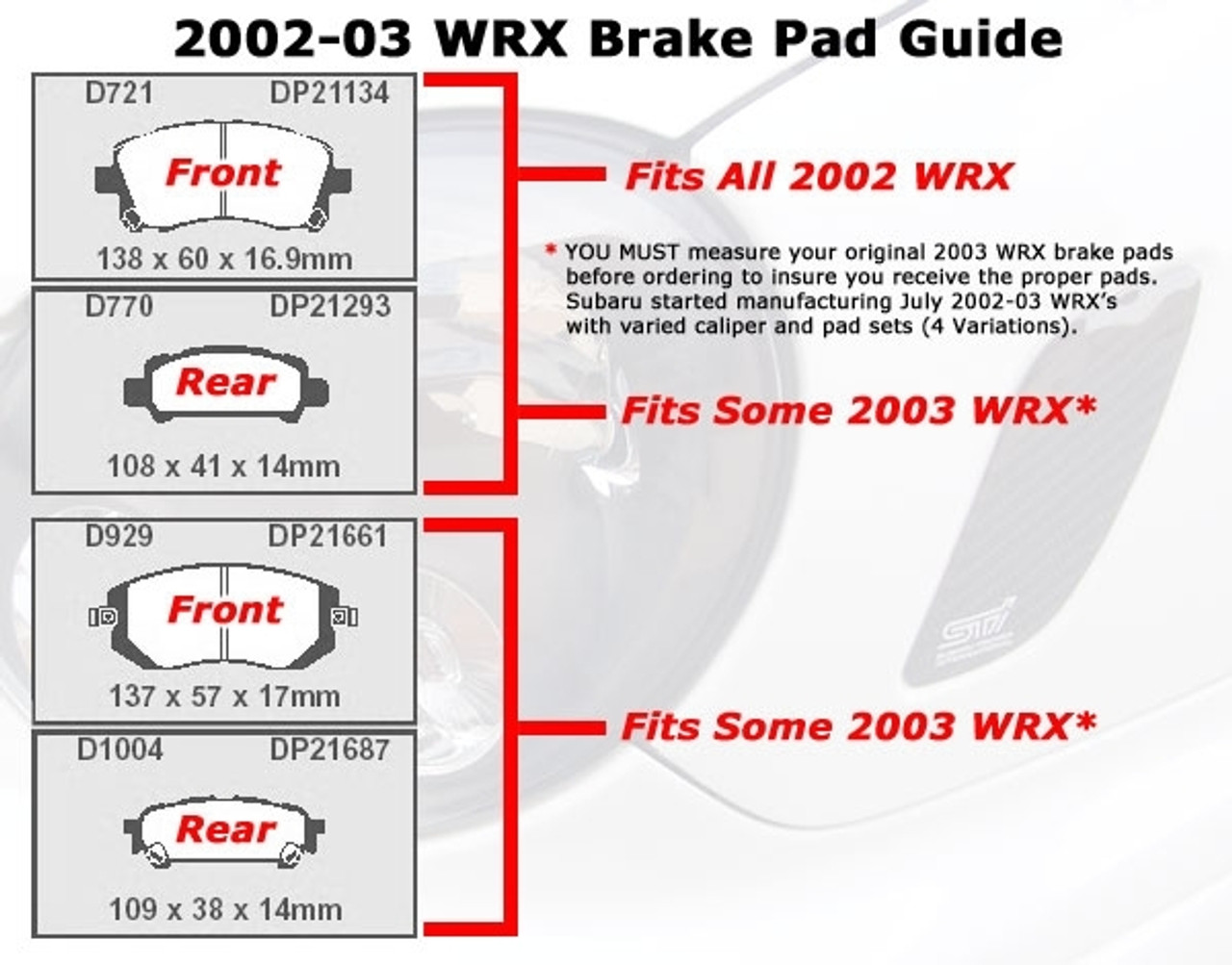 Hawk Performance Ceramic Front Brake Pads For All 2002 Subaru WRX, Some 2003 WRX (D721 Replacement) - Specs