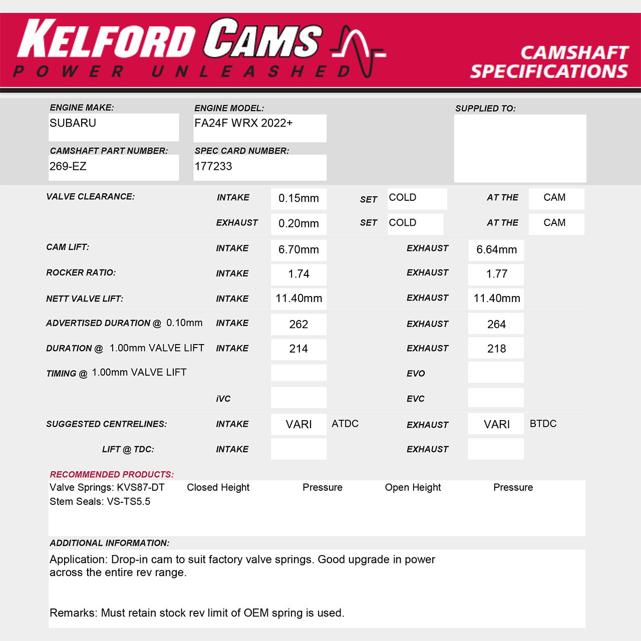 Kelford Cams 262/264 Degree Camshafts for 2022+ Subaru WRX FA24