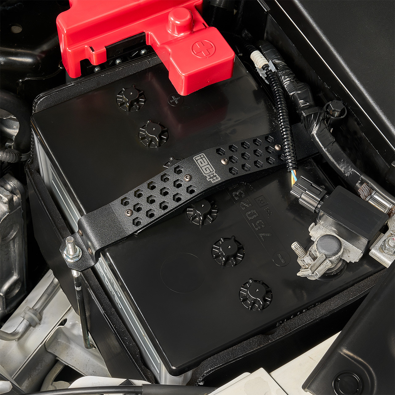 IAG Subaru Battery Tie Down - Black Installed