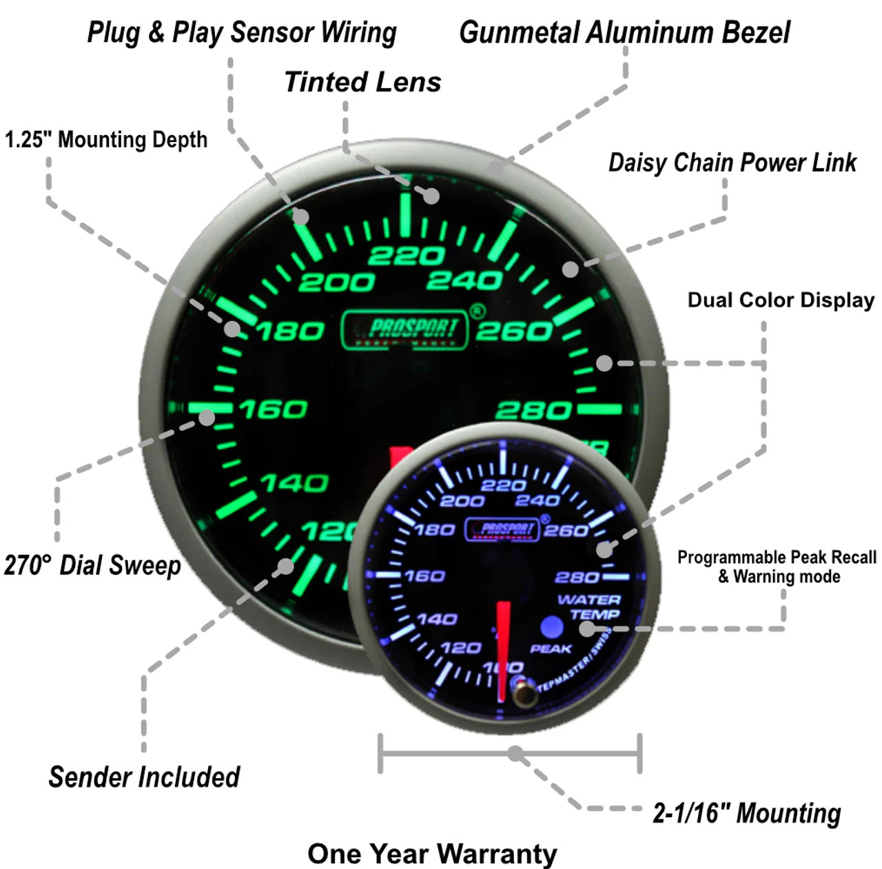 Prosport 52mm Premium Water Temperature Green/White - Specs