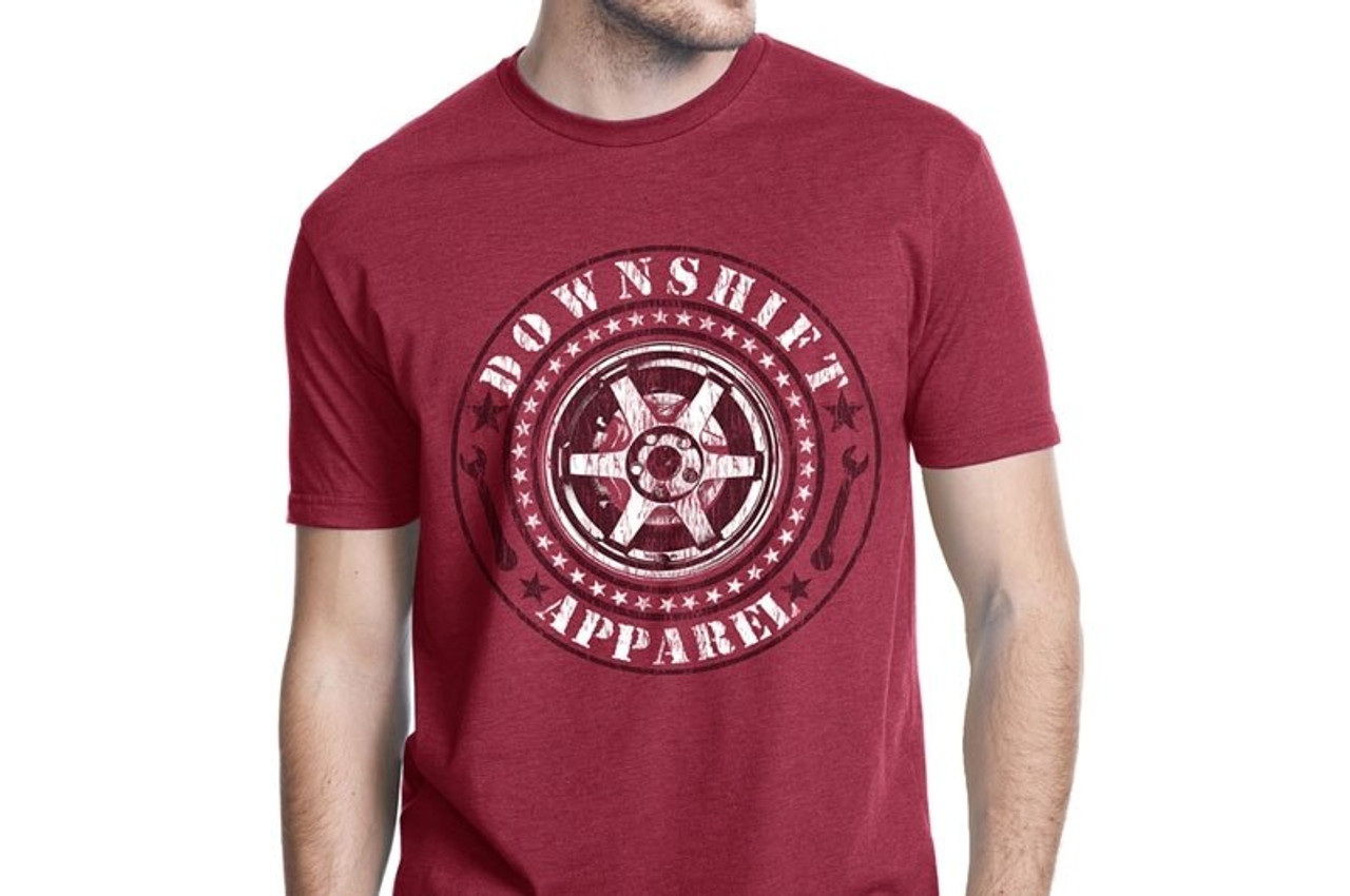 Downshift Apparel Men's Wheel Crest T-Shirt in Cardinal Red - Size Medium