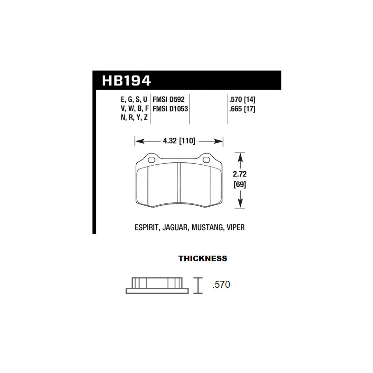 Hawk Rear HPS Street Replacement Brake Pads Dimensions