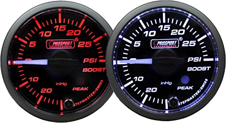 Prosport 52mm Premium White Pointer Clear Lens Boost gauge Amber/White