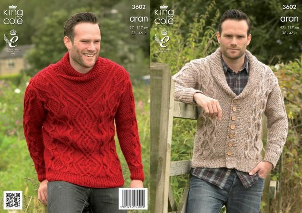 King Cole 3602 Mens Aran Sweater and Cardigan Pattern - Knitting