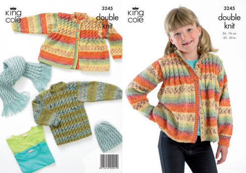 King Cole 3245 Childrens Sweater, Cardigan, Hat & Scarf Pattern