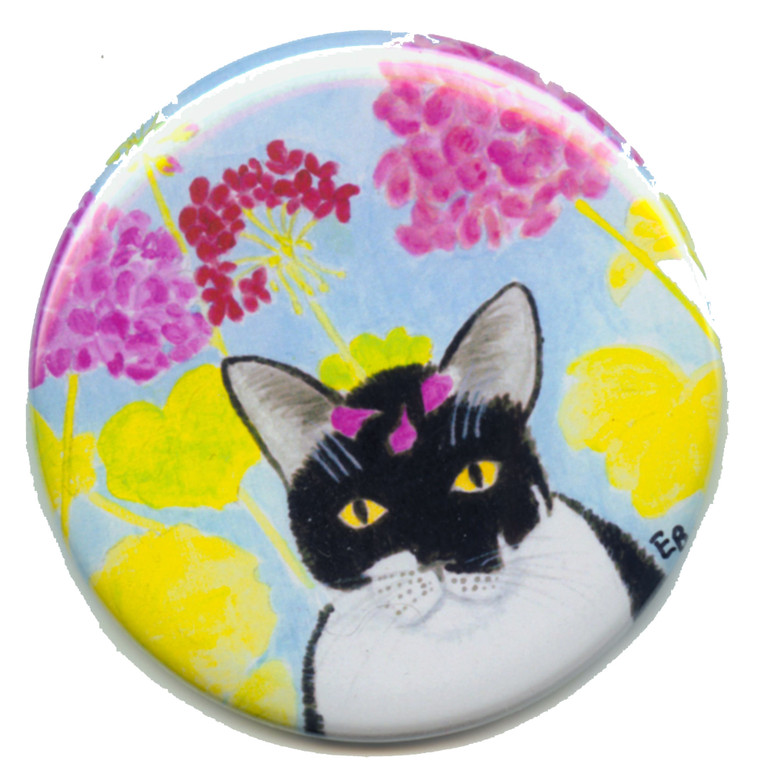 Sweetie and Geraniums pocket mirror, pin-back button, or magnet