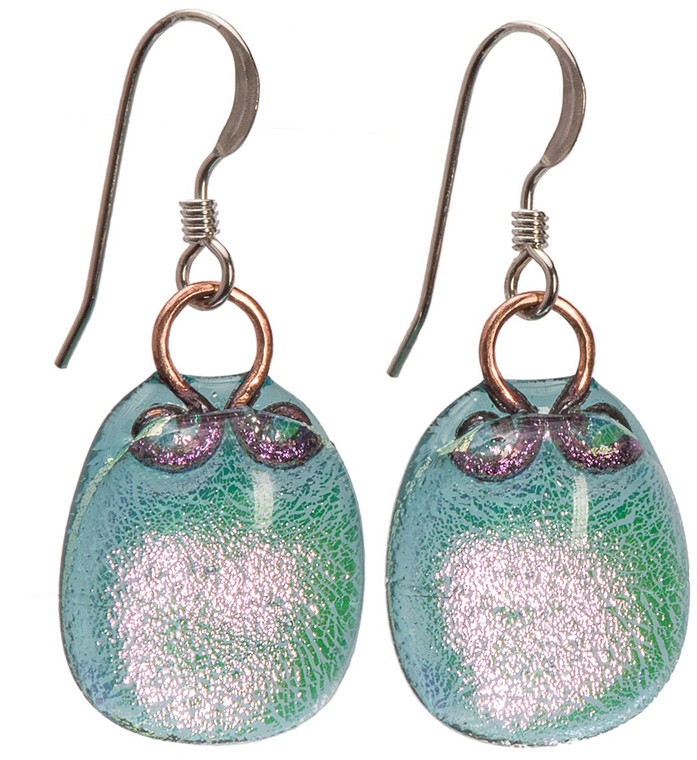 Fused Dichroic Glass Earrings Aqua Pink 925 Sterling Ear Wires