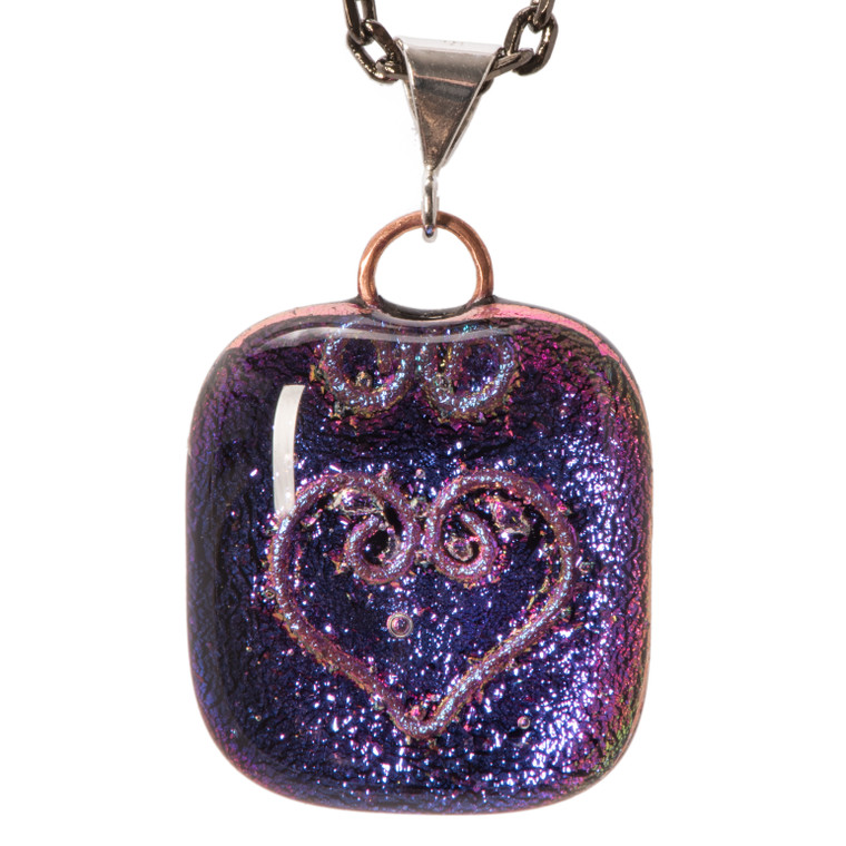 Small Dichroic Fused Glass Pendant Purple w/ Heart