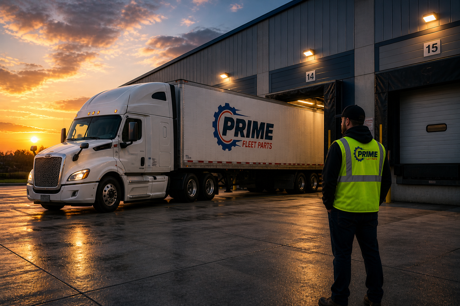 Prime Fleet Parts truck at warehouse loading dock