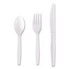 Three-Piece Polystyrene Cutlery Kit, Heavyweight, Fork/Knife/Spoon, Plastic, White, 250/Carton